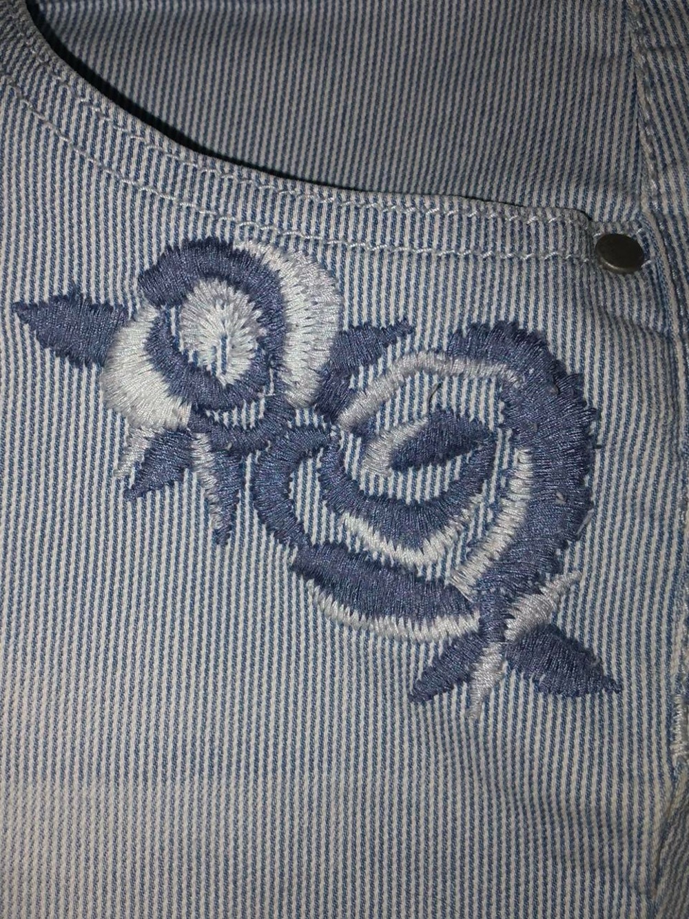 Artisan Ny Light Blue Pinstripe Jeans Overalls with Navy Floral Embroidery